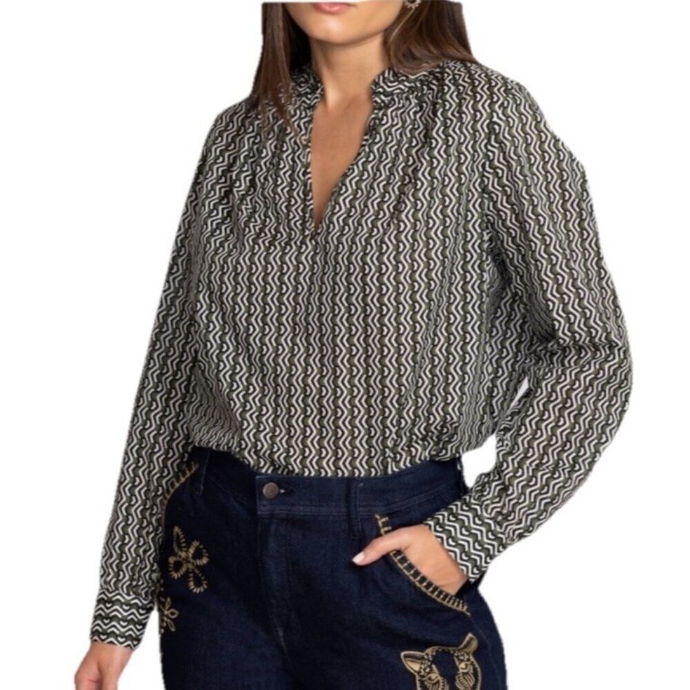 Johnny Was Calme Split Ruffled Neck Multi-Color Liya Blouse Woman's Sz L NWT